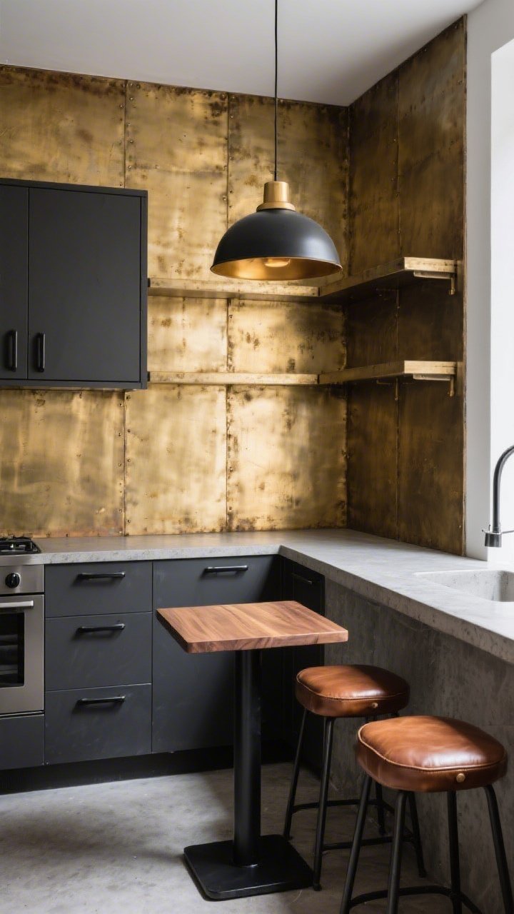 Closeup/detail, three-quarter angle: An industrial kitchen nook wrapped in patinated gold metal sheets with brushed texture and subtle oxidation, continuing as a backsplash behind open shelves. Charcoal cabinetry with black hardware pairs with concrete counters. A compact bistro table with a black metal base and walnut top sits beside two whiskey-brown leather stools. Overhead, a small black dome pendant with a warm brass interior casts cozy light that the patinated gold catches beautifully. Palette: charcoal, concrete gray, walnut, patinated gold. Raw meets refined, morning-light glow.