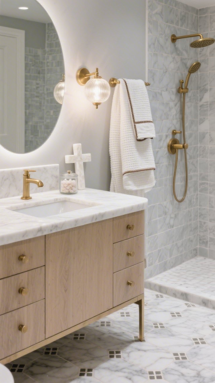 Closeup detail, vanity and floor: Soft glam bathroom in soft gray and white with brushed brass hardware. Pale oak vanity with white quartz top, rounded-edge mirror above. On the vanity, a small alabaster cross leaning against the backsplash beside a glass canister of bath salts. Floor shows marble mosaic tiles with delicate cross inlays sprinkled subtly, not overdone. In the background: pearl gray zellige-tiled shower with a brass rain head. Plush white towels with taupe piping and a waffle robe on a hook. Warm, flattering glow from brass globe sconces, serene hotel-luxe mood, photorealistic.