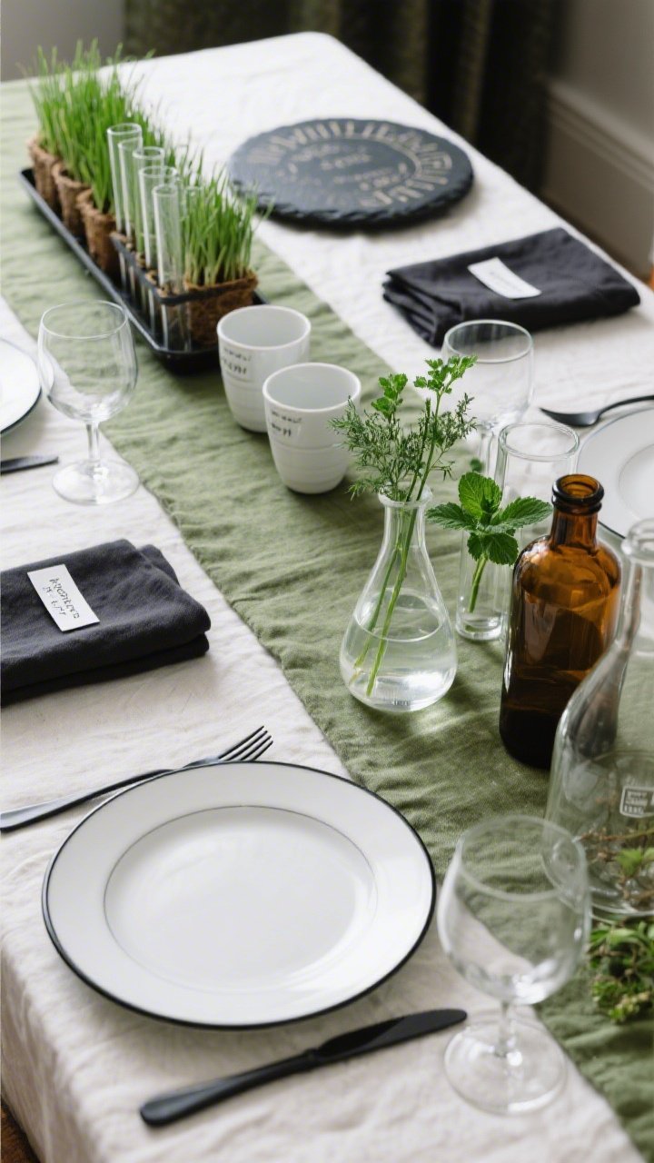 Closeup, lab-inspired botanical detail: moss-green linen runner over natural cotton cloth, white plates with a thin black rim and brushed black flatware nearby. Glass beakers and test tubes each hold single stems of parsley, dill, and mint, arranged like a micro-study. A long tray of potted wheatgrass runs behind with test tubes tucked in. Black slate circular Seder plate with labeled white ceramic cups in crisp typography. Amber apothecary bottles used as water carafes, charcoal linen napkins folded beside. Clear wine stems and tiny lab-style labels as place cards. Curious, clean, elegant; no people; photorealistic.
