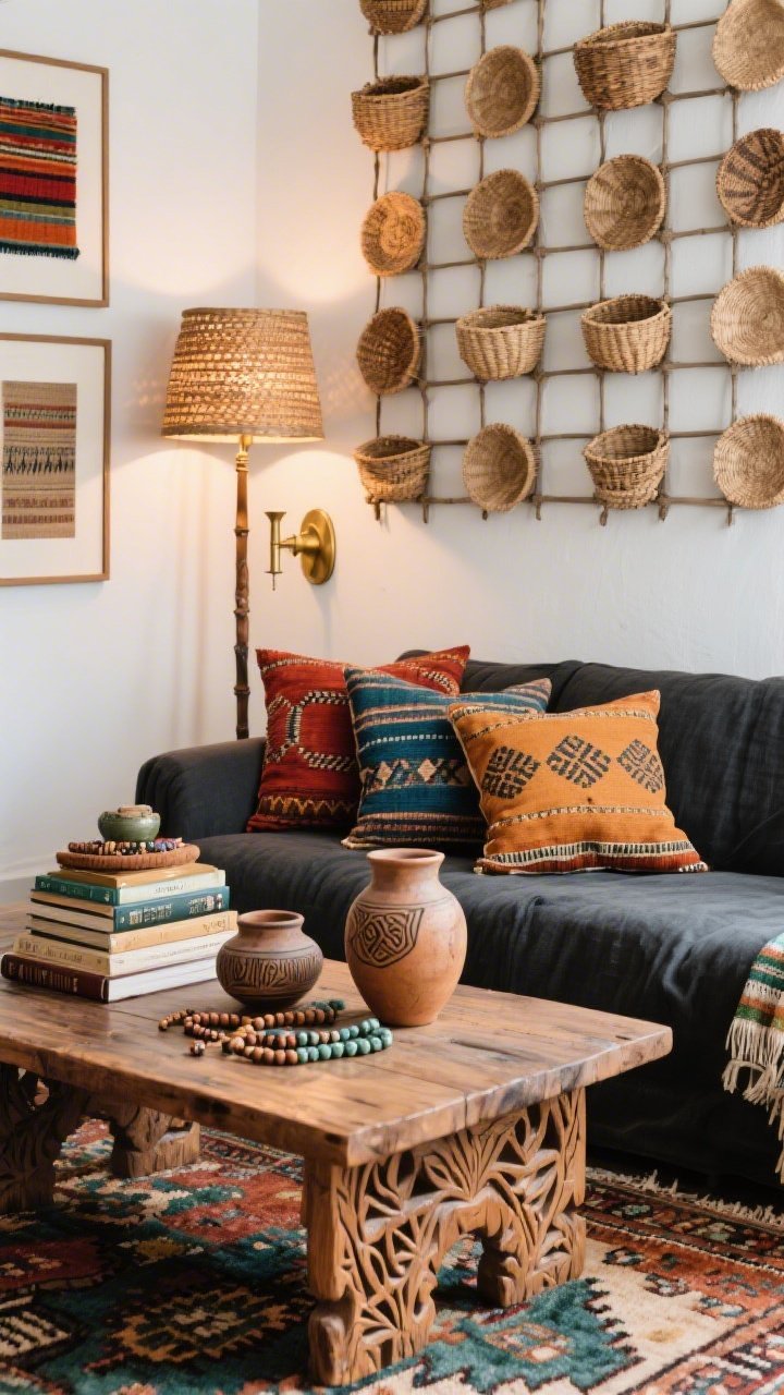 Closeup texture-and-pattern vignette: Global nomad boho detail featuring the corner of a carved mango wood coffee table atop a Turkish kilim rug; edge of a structured charcoal linen sofa; an artful stack of travel books, beads, and hand-thrown pottery on the table; cluster of block-printed, ikat, and mudcloth pillows in paprika, indigo, saffron, and moss; white wall background with a grid of basket weaves beside framed textiles partially in frame; warm mixed lighting from a woven floor lamp and a brass sconce, photorealistic.