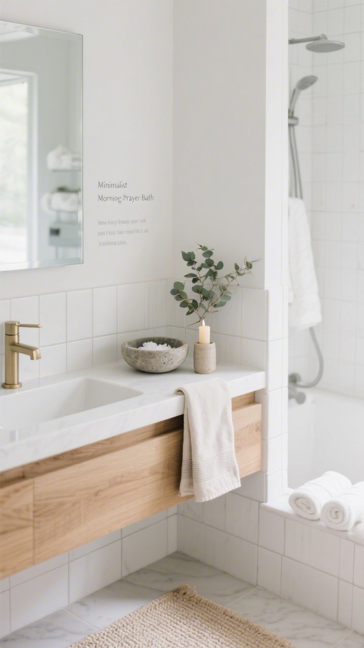 Closeup vanity vignette, side angle: “Minimalist Morning Prayer Bath” with matte white tiles and pale gray grout, a floating oak vanity with brushed nickel (or soft brass) hardware, a mirror corner bearing a tiny frosted decal of a verse, a slim ritual ledge holding a stone bowl of bath salts, a rolled linen hand towel, and a single taper in a ceramic holder; eucalyptus bundle visible in shower blur, cloud-white towels and a pale woven bath mat, serene spa-like morning light.