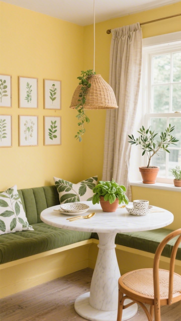 Corner-angle breakfast nook medium shot: Butter yellow walls around a round white pedestal table beneath a woven pendant light, curved natural bentwood chairs, sage green banquette cushion with leafy throw pillows, flax linen cafe curtains filtering soft daylight, a set of botanical prints on the wall, terracotta pot with trailing herbs on the windowsill, potted basil and thyme and a small olive tree nearby, speckled stoneware and brushed gold flatware on the tabletop; fresh conservatory feel, photorealistic.
