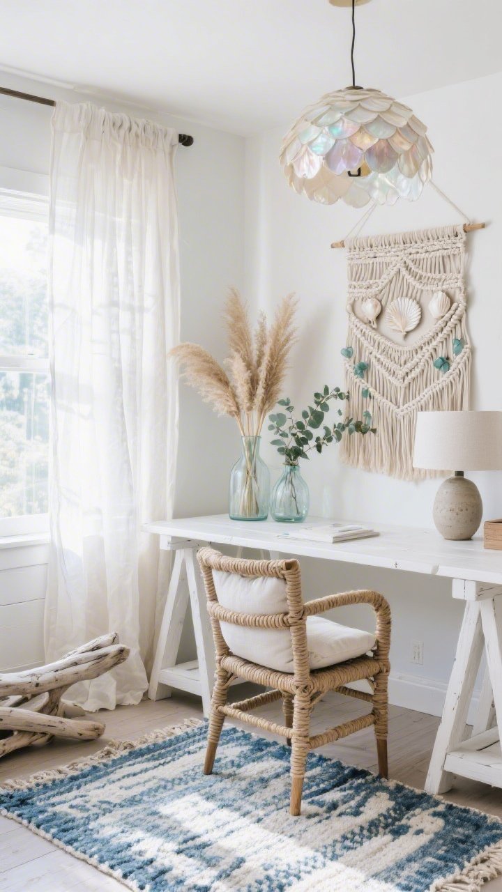 Corner angle, Coastal Boho Breeze office: soft daylight filtering through gauzy linen drapery; white trestle desk paired with a cushioned rope-wrapped chair; whitewashed woods and bleached driftwood tones; flatweave rug in indigo and ivory anchoring the area; macramé tapestry with shell details hanging on the wall; clear glass vases holding pampas, eucalyptus, and dried reeds; capiz shell pendant shimmering overhead and a ceramic table lamp on the desk; palette soft white, driftwood, sea glass, pale blue, indigo; airy, salty, serene mood; no people, photorealistic.