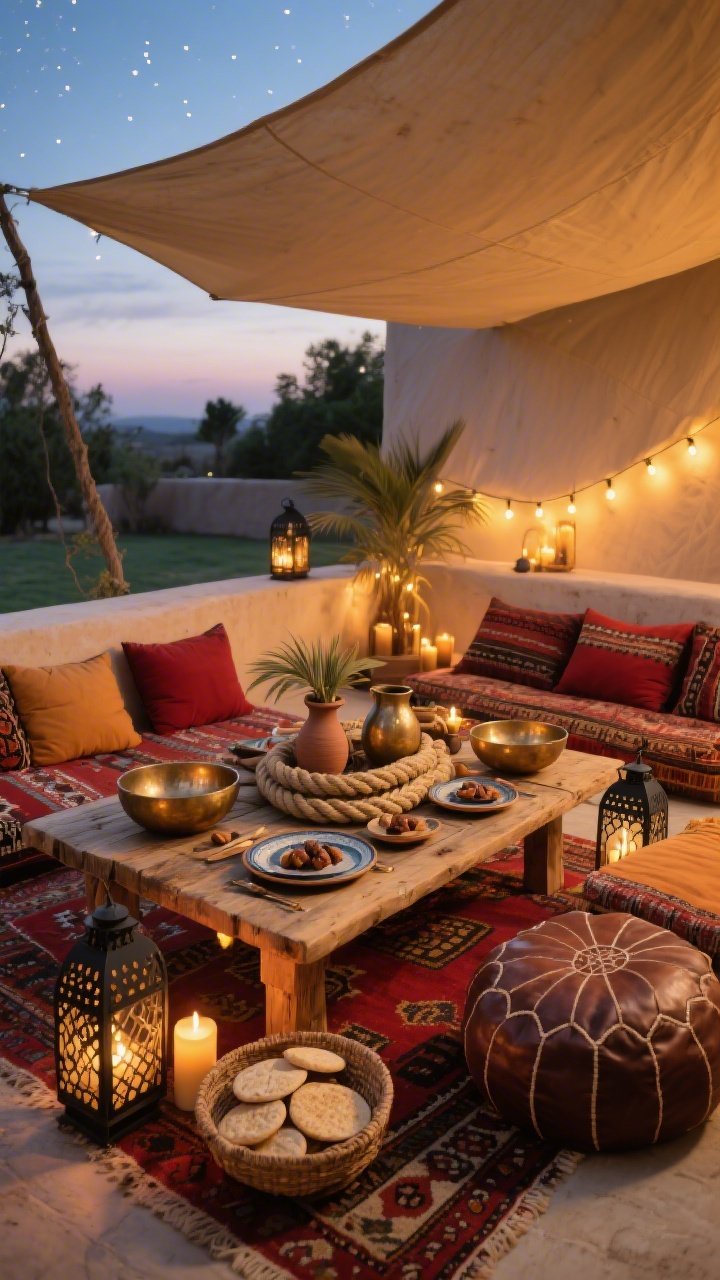 Corner-angle medium patio shot, Rustic Nomad Patio: layered outdoor scene at dusk with overlapping kilim rugs, a low reclaimed-wood table surrounded by floor cushions and leather poufs; earthy reds, cumin and ochre tones with black accents; pierced metal lanterns, hurricane candles, and warm string lights creating a golden ambiance; hammered brass bowls, clay pitchers, and enamel plates set for serving; centerpiece featuring a coiled rope, small date palm fronds, and a basket of unleavened rounds; simple canvas canopy overhead for a tented, under-the-stars feast mood; photorealistic.