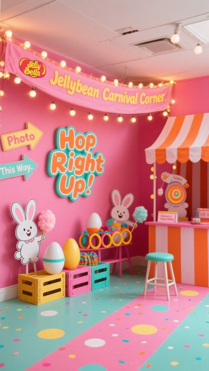Corner-angle medium shot: A “Jellybean Carnival Corner” with a hot pink and tangerine striped backdrop. A playful marquee banner is draped overhead with bulb string lights casting a warm fairground glow. A ring toss game features giant eggs as targets, beside a plush bunny “ticket booth.” A punchy foam sign reads “Hop Right Up!” in bubble font, flanked by cartoon bunny cutouts holding cotton candy. Retro arrow signs say “Photo This Way.” Include a striped canopy stand, mini stool, and storage crates. Confetti dot floor decals create a playful path. Colors: hot pink, tangerine, teal, lemon. Bright, festive lighting; photorealistic.