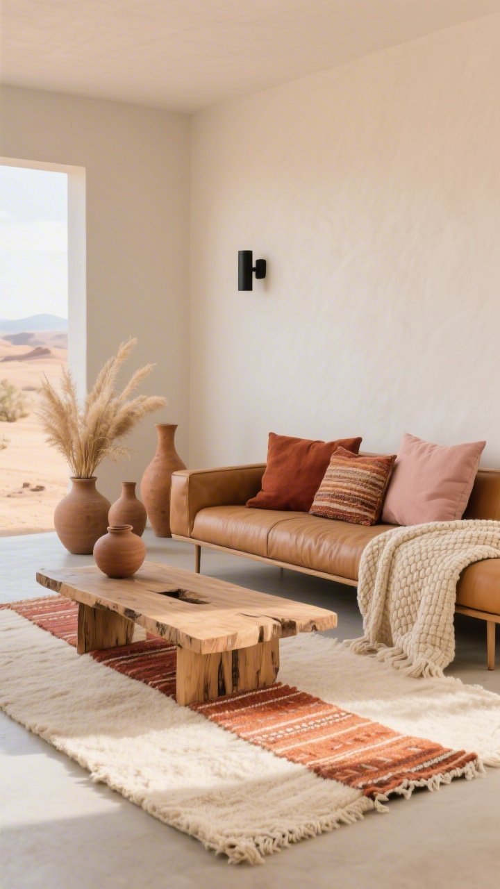 Corner-angle medium shot, Desert Modern Minimal under warm natural light: hand-loomed warm ivory wool rug with a terracotta flat kilim runner laid diagonally under a raw-edge wood coffee table; low, linear camel leather sofa with sleek legs; pillows in cotton canvas, suede, and woven wool in clay, rust, and muted blush; lightweight ecru waffle-knit throw casually draped; earthenware vases, matte black sconces on the wall, and a small bundle of dried grasses; color palette of clay, camel, ecru, soft blush; restrained, calm, sunbaked minimalism; photorealistic, no people.