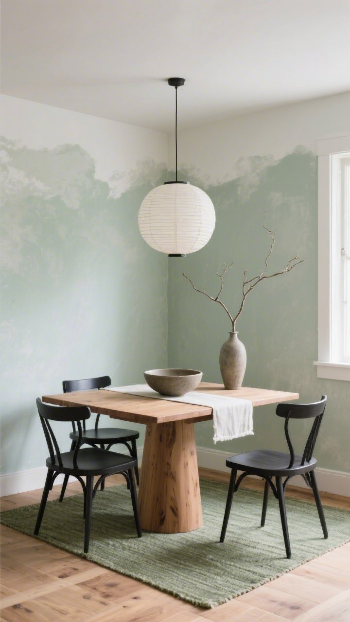 Corner-angle medium shot, Japandi dining nook: walls finished in sage limewash with soft, cloudlike tonal shifts; cerused oak pedestal table with a simple linen table runner; charcoal wishbone chairs for sculptural contrast; a paper lantern pendant floating overhead; minimal decor—one large stoneware bowl and a single branch in a tall vase; natural wood flooring with a flat-weave sage rug defining the zone; palette of sage, natural oak, charcoal, creamy white; serene, balanced light; no people; photorealistic.