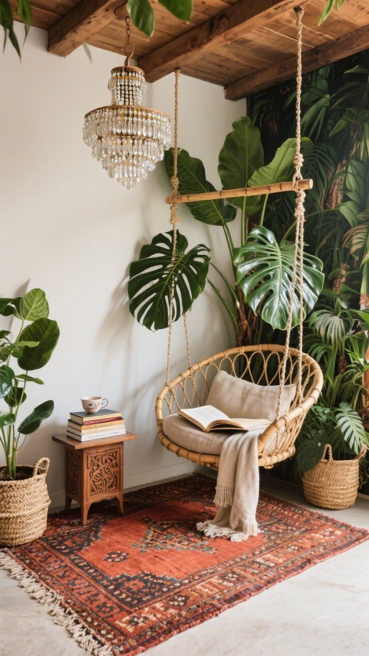 Corner angle medium shot: Jungle Loft reading nook grounded by a saturated spice-tone kilim rug, a bamboo hanging chair suspended from the ceiling with a throw, towering monstera and fiddle leaf fig plants in seagrass baskets surrounding the space, a small carved wood side table with a teacup and stacked paperbacks, and a beaded chandelier above providing soft sparkle; lush, layered, cozy vibe.
