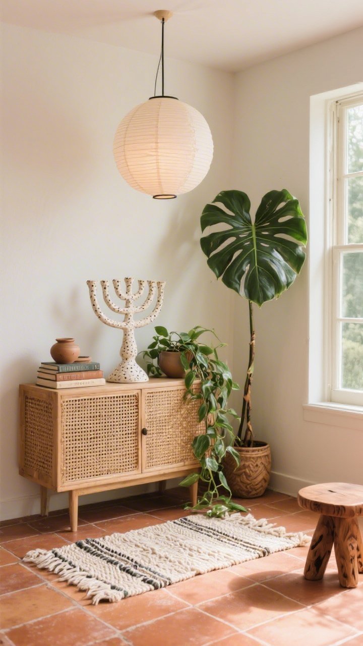 Corner-angle medium shot of a boho sunroom altar: terracotta tile floors, light flooding in. A low rattan cabinet topped with a hand-thrown ceramic menorah in speckled cream, surrounded by trailing pothos and a tall fiddle-leaf fig. Layered handwoven runner, stack of pottery books, carved wood stool nearby. Paper lantern pendant overhead for soft, diffused lighting. Color story of clay, sage, sand, and natural rattan; tactile mix of cane, ceramic, woven cotton, and raw wood.