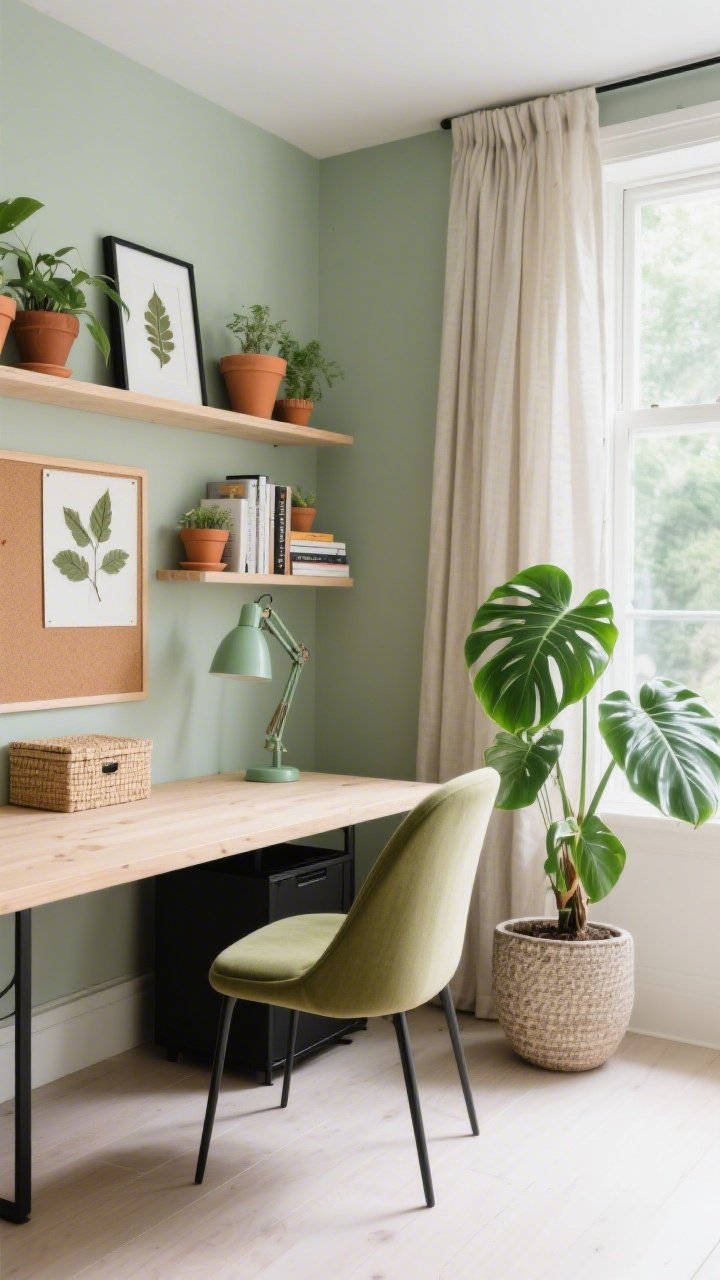 Corner-angle medium shot of a botanical home office: light wood desk positioned by a bright window with linen curtains, curved upholstered chair in moss or cream, desktop kept serene with a sage-green task lamp and minimal accessories, floating shelves above displaying terracotta pots with small plants, stacked books, and framed pressed leaves; cork pinboard and woven storage boxes nearby, matte black accents subtle throughout, a large fiddle leaf fig or ZZ plant in a textured planter anchoring the scene; palette sage, cream, terracotta, matte black; fresh natural daylight