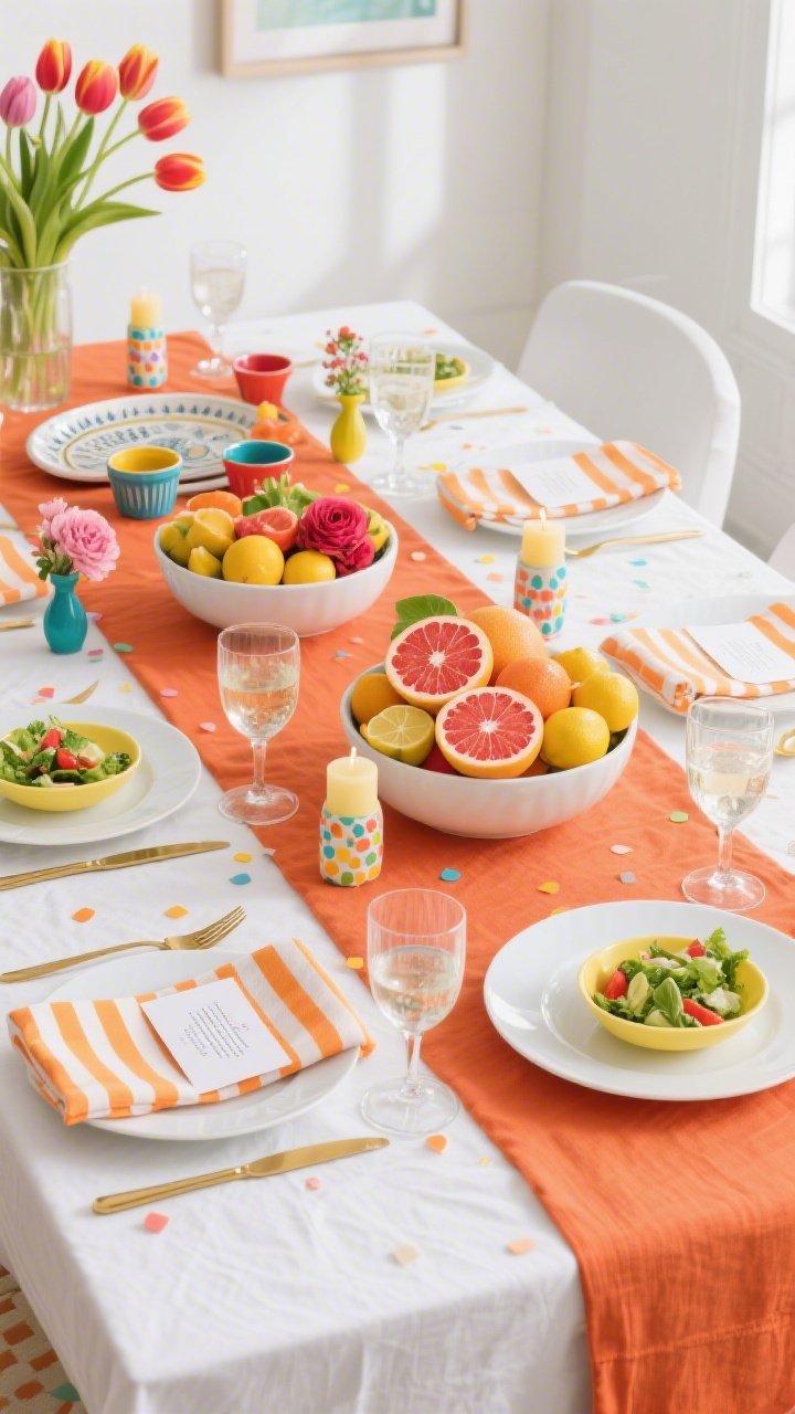 Corner-angle medium shot of a contemporary color-pop table: crisp white cloth with a papaya-colored linen runner. White dinnerware topped with coral or citron salad plates, gold flatware, and clear coupe glasses for wine. Striped napkins in sunny hues folded with a small card for a reading tucked in. Center bowls overflowing with citrus—grapefruits, lemons, blood oranges—interspersed with bright tulips and ranunculus. Glossy white Seder platter with colorful ceramic ramekins labeled in bold sans serif. Confetti-style glass candleholders and tiny painted bud vases in mismatched brights dot the runner. Joyful, modern, family-friendly; no people; photorealistic.