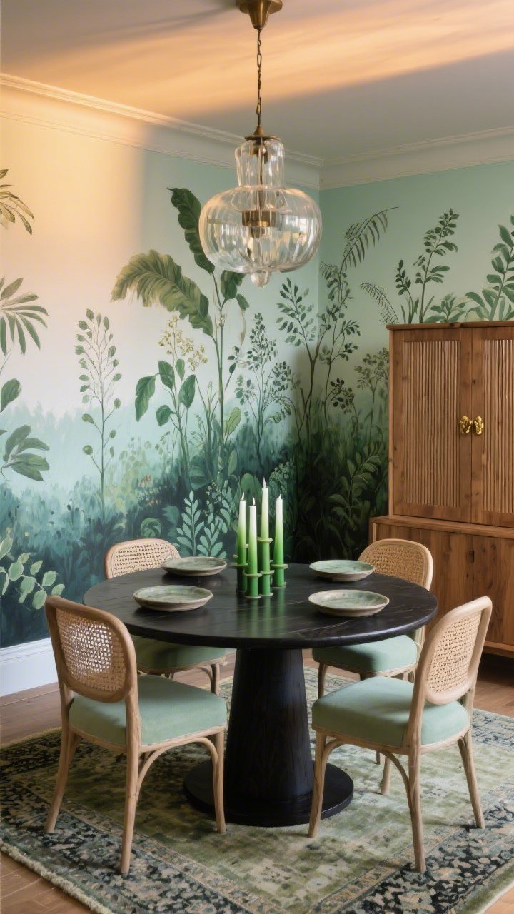 Corner-angle medium shot of a dining room with a gradient botanical mural: hand-painted botanicals rising from deep forest near baseboards to airbrushed mint near crown, greenhouse-at-golden-hour vibe; round pedestal table in blackened wood centered; curved cane-back chairs upholstered in pale sage; smoky glass chandelier overhead reflecting surrounding greens; slim oak sideboard with ribbed doors and antique brass pulls; tabletop styled with green ombré taper candles and stoneware plates in eucalyptus glaze; low-pile vintage Persian rug in faded olive and charcoal; warm twilight light, photorealistic