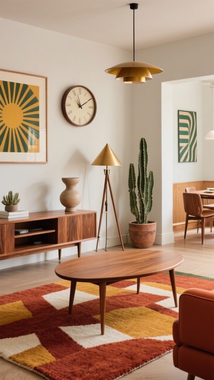 Corner-angle medium shot of a mid-century modern lounge: Walnut media console, teak-legged sofa in terracotta, low oval coffee table, geometric wool rug in rust, ochre, and ivory; tripod floor lamp in brass, cone pendant over adjacent dining nook, sculptural ceramic table lamp on console; decor includes Op-art prints, a sunburst clock, and matte planters with sculptural cacti; woods in walnut, teak, acacia; shapes with tapered legs, rounded corners, low-slung silhouettes; color pops of mustard, forest green, persimmon; warm, retro-modern, photorealistic.