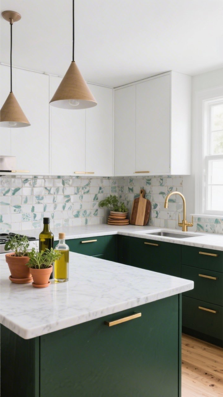 Corner angle medium shot of a modern kitchen: matte forest-green base cabinets, crisp white upper cabinets; white quartz waterfall countertop on the island; zellige tile backsplash with subtle handcrafted variation; brushed brass slim linear pulls, brass gooseneck faucet, and cone pendants adding warmth; light oak floors brightening the contrast; styled with olive oil bottles, terracotta herb pots, and stacked cutting boards; photorealistic, bright overcast daylight for a clean, moody-fresh feel.