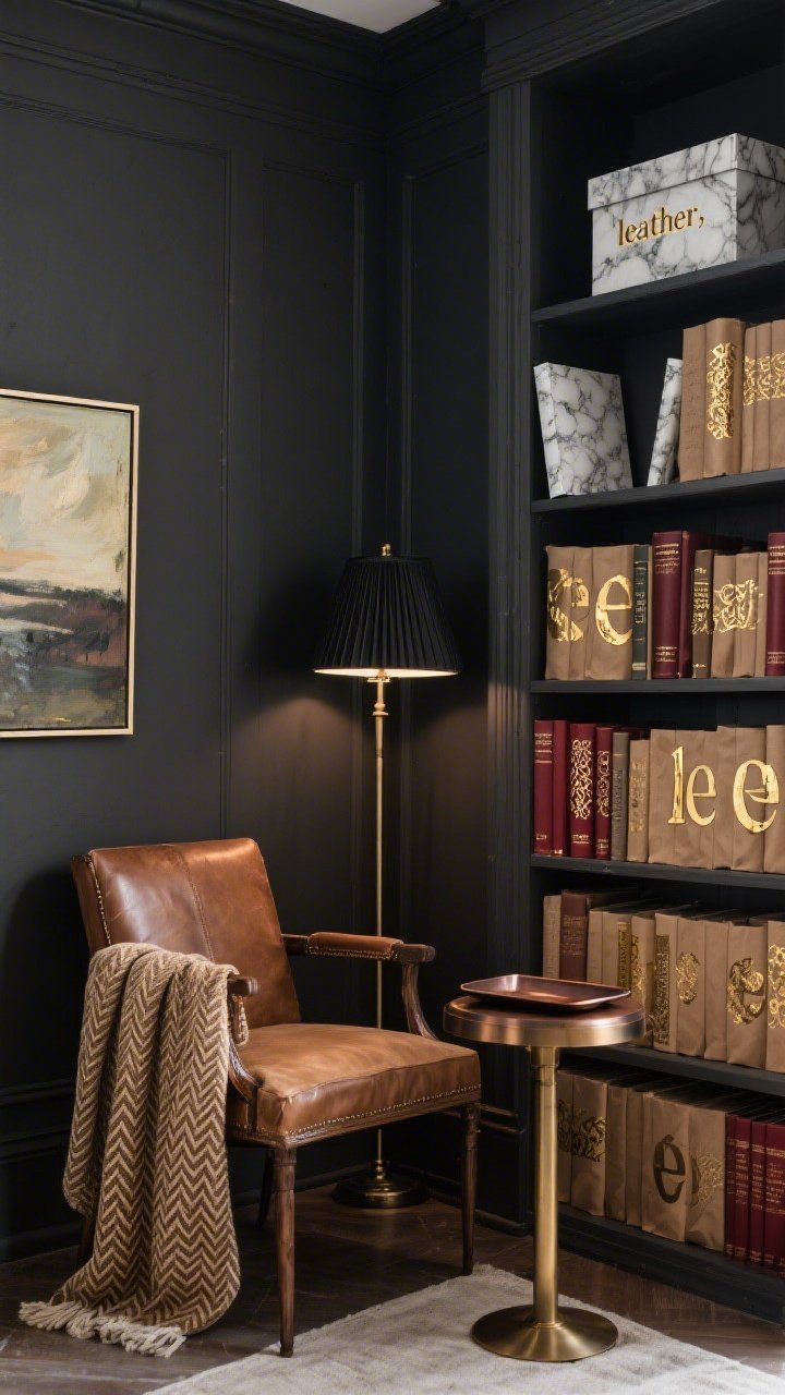 Corner-angle medium shot of a moody library nook: charcoal accent wall, vintage-look chair, and a bookshelf lined with kraft-paper-wrapped paperbacks featuring gold adhesive letters and filigree on the “leather” spines. On the top shelf, rectangular box bookends wrapped in faux marble contact paper, weighted and glossy. A faux oil painting on a canvas leans casually, with visible matte Mod Podge brushstroke texture. A floor lamp with a black pleated shade casts warm, focused light; tiny side table with oil-rubbed bronze tray top and a folded herringbone throw over the chair. Colors charcoal, camel, oxblood, antique gold; textures paper “leather,” faux marble, linen, brass.