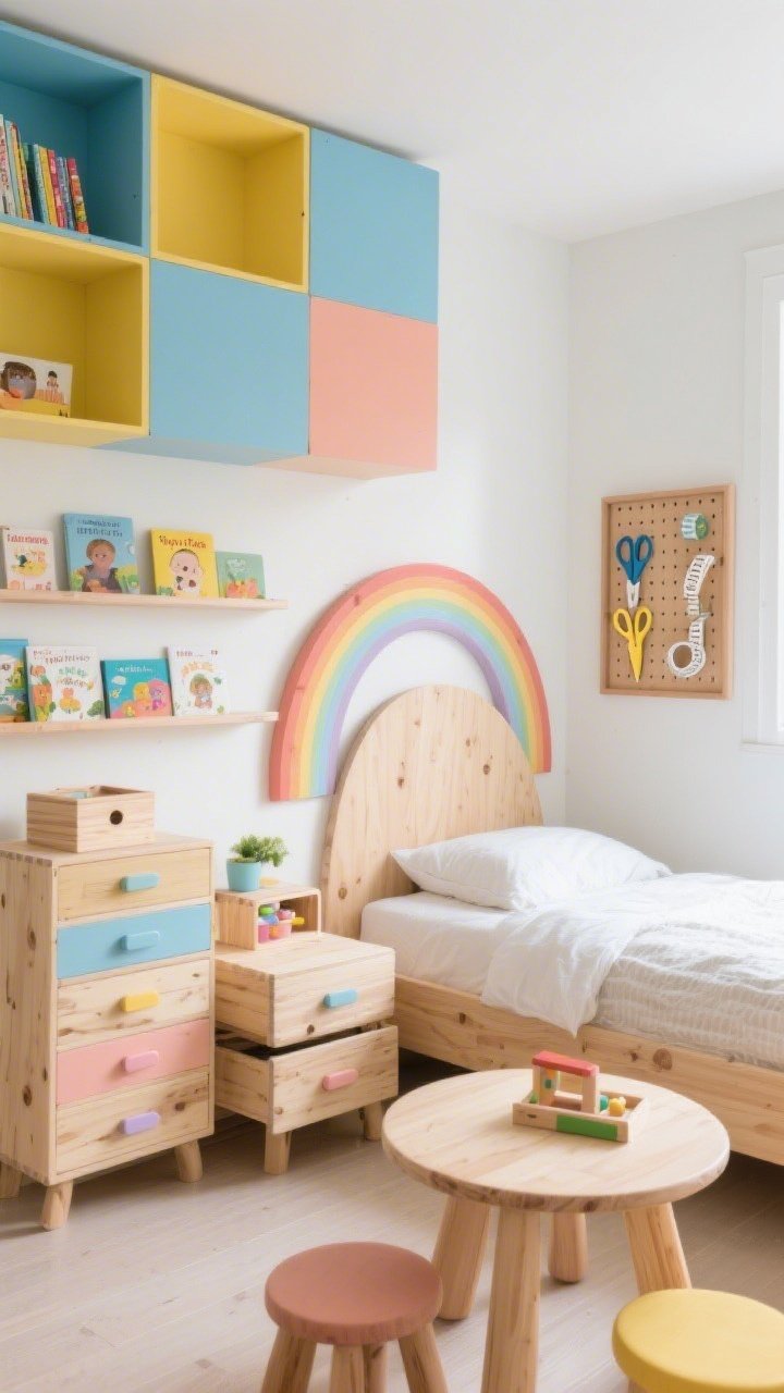 Corner-angle medium shot of a playful kids’ room: wall lined with modular wood cubbies painted in color blocks of cornflower blue, butter yellow, and dusty coral with some natural birch boxes, stackable plywood drawer units with pastel pulls, curved wood rainbow arch behind the bed as a headboard in soft desaturated hues, wall-mounted book ledges displaying picture books, sturdy wood play table with rounded corners and matching stools, a framed maple pegboard art station with scissors and washi tape; bright cheerful daylight, tidy yet creative vibe, photorealistic.