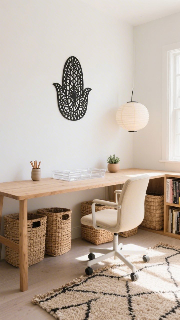 Corner-angle medium shot of a sunlit home office: light oak desk with a supportive cream task chair; warm white walls featuring a matte black laser-cut metal Hamsa centered above the desk; rattan storage baskets tucked below, a cane bookcase to the side; flatweave rug in beige and charcoal; paper lantern pendant softening the space; desktop styled with clear acrylic trays, a ceramic pencil cup, and a small succulent; bright natural daylight, crisp and calm mood, photorealistic.