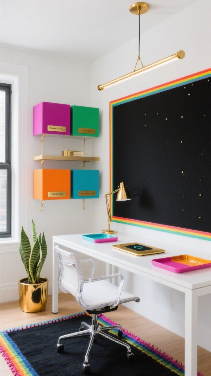 Corner-angle medium shot, “Studio Office With Neon Edges And Brass Pop”: white Parsons desk with sleek acrylic chair; matte black pinboard trimmed with a razor-thin rainbow stripe (magenta, tangerine, lime, cyan) like micro French tips; modular shelving system with color-blocked cubes and gold label frames; overhead linear brass pendant providing bright, luxe task lighting; metallic gold wireless charging mat on the desk; lacquer trays in coordinated candy tones; charcoal rug with a rainbow whipstitch edge; glossy gold planter with a snake plant by the window; photorealistic, clean creative workspace vibe.