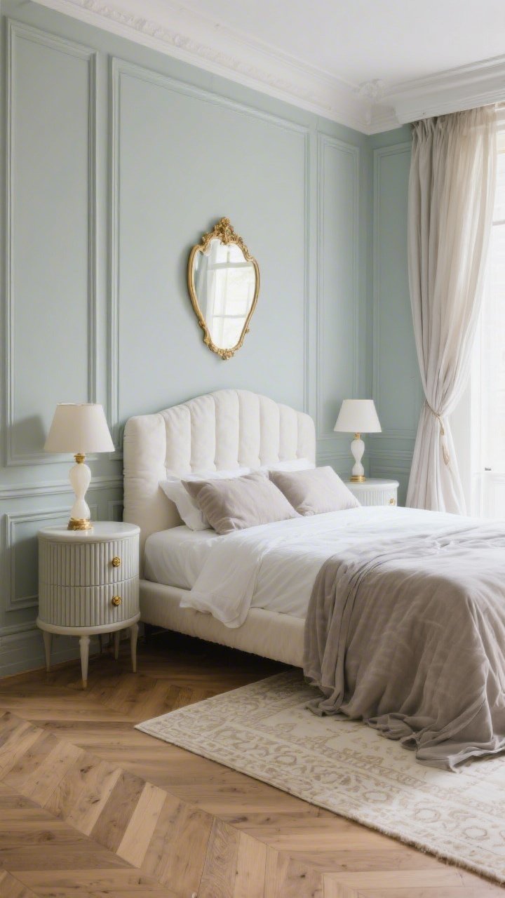 Corner angle medium-wide shot of a Parisian-inspired bedroom with muted, gray-leaning mint on paneled walls and molding (matte on walls, satin on trim). Show an ivory velvet upholstered bed layered with washed linen bedding in soft taupe and cloud gray, fluted nightstands with antiqued brass knobs holding petite alabaster lamps, and a gilded mirror with delicate curves reflecting light from sheer drapes that puddle on the floor. Herringbone oak flooring with a cream Moroccan-style rug under the bed. Soft, romantic daylight, elegant and refined, photorealistic.