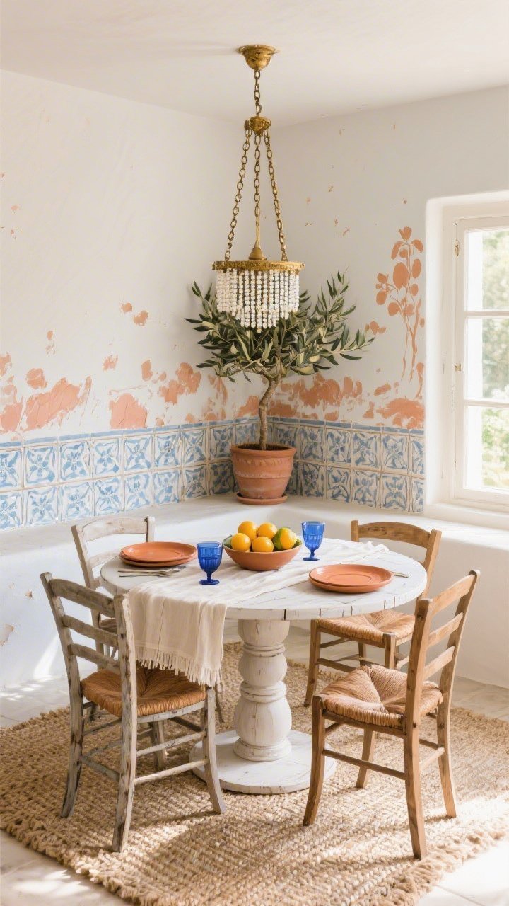 Corner-angle, sun-washed dining nook showcasing hand-painted tile-print wallpaper in chalky blues, warm ochres, and faded coral with a subtly imperfect, vintage look; round pedestal table in whitewashed wood set with a gauzy linen runner, terracotta plates, and cobalt glassware; bowl of citrus as centerpiece; mix-and-match weathered teak bistro chairs; beaded chandelier with antique brass chain above; natural fiber rug underfoot; olive tree in a clay pot by the window; breezy Mediterranean mood, photorealistic.