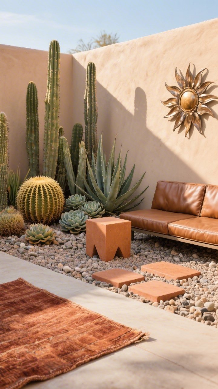 Corner-angle view of a desert-styled courtyard vignette: layered aloe, paddle cactus (opuntia), and golden barrel cacti in mixed heights on decomposed granite with crushed gravel mulch; tan leather-look outdoor bench; chunky terracotta cube side table; terracotta stepping stones leading the eye; pebble mulch textures and a rust-colored outdoor rug; metal sunburst wall piece catching late afternoon sun; include clustered echeveria; warm, arid ambiance.