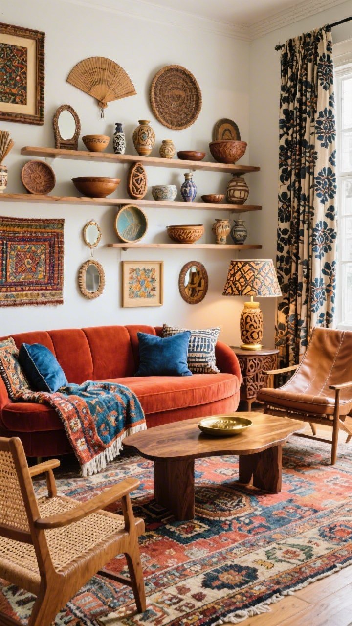 Corner angle wide shot, Eclectic Global Collector: a paprika curved velvet sofa facing a mid-century walnut coffee table on a vintage kilim rug; textiles layered throughout—suzani throw, indigo pillows, block-printed curtains; open shelving styled with handmade ceramics and carved wood bowls; gallery wall mixing framed textiles, woven fans, small mirrors; a pair of cane accent chairs and a leather sling chair for character; carved wood table lamps with patterned shades provide warm light; jewel tones, burnished brass, walnut, and cream palette; maximal yet curated, photorealistic.