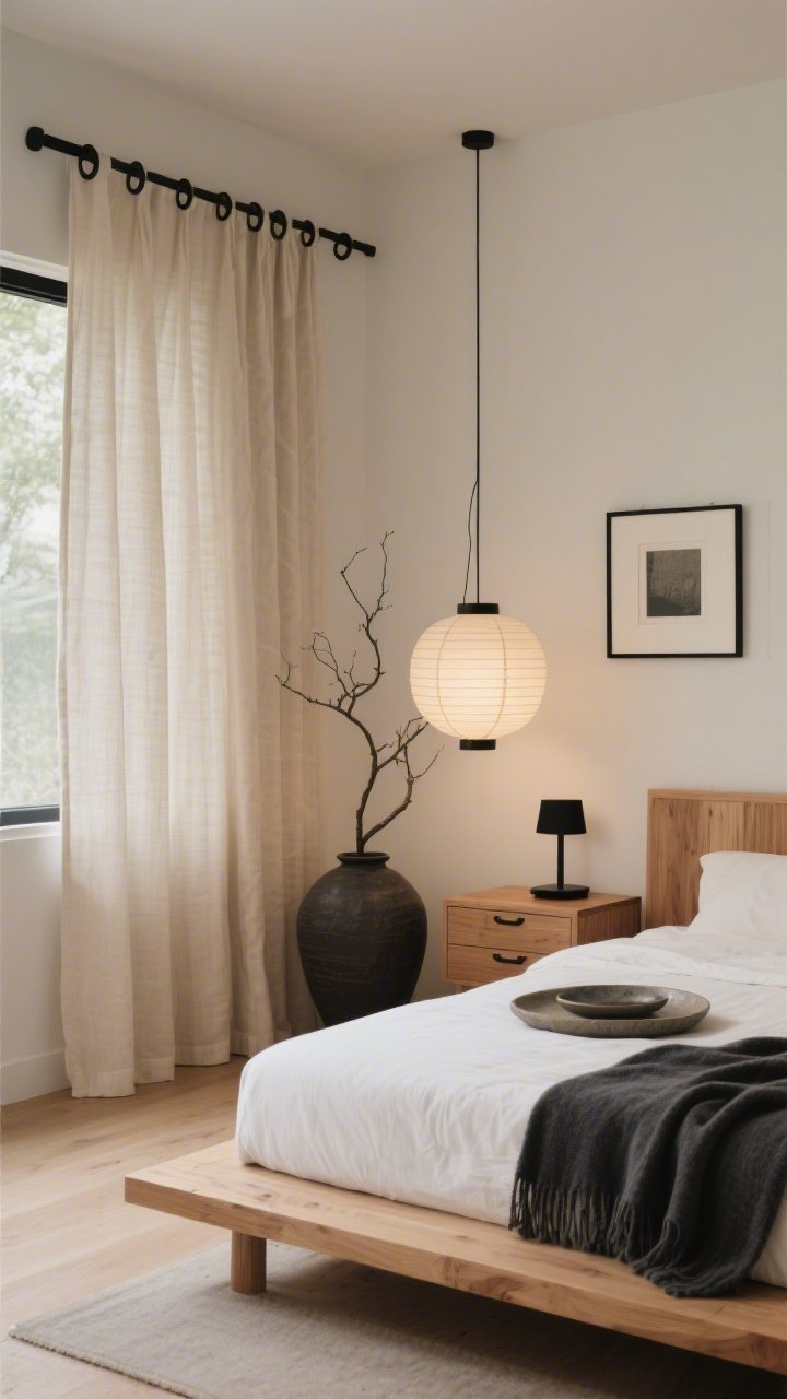 Corner medium shot, calm natural light: Japandi bedroom with unbleached oat-toned linen panels just kissing the floor, hung on soft black hardware with streamlined rings; warm wood tones (oak and ash) throughout: a low platform bed, fluted wood nightstands; a paper lantern pendant casting a diffused glow; accents of soft black repeated in slim picture frames, a lamp base, and drawer pulls; a charcoal throw, stoneware tray, and a branch in a large vase; grounded, zen warm minimalism, photorealistic.