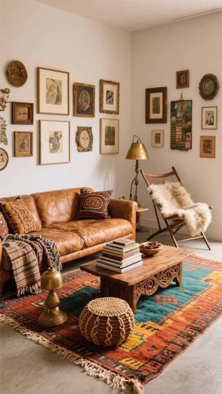 Corner medium shot of a boho-artist den layered with collected treasures; camel leather sofa with batik pillows and a mudcloth throw, carved mango-wood coffee table stacked with art books, woven poufs, brass floor lamp; underfoot a vintage-look kilim rug with saturated terracotta, teal, and saffron tones and fringed edges; gallery wall of mismatched frames behind the sofa; add a sheepskin throw draped over a sling chair; warm, eclectic, creative energy, flatweave textures, photorealistic.