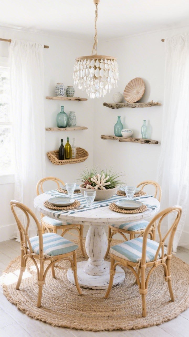 Corner wide shot, Coastal Boho Dining Nook: white walls, a round whitewashed-wood pedestal table surrounded by rattan or wishbone chairs with pale blue and linen striped seat cushions; natural jute rug underfoot; a shell/capiz chandelier overhead creating pearly shimmer; three asymmetrical driftwood shelves on the wall displaying ceramics and glass bottles; tabletop styled with stoneware plates, woven chargers, and handblown water glasses; centerpiece is a shallow bowl of air plants and coral (faux or ethically sourced); gauzy white curtains catching sunlight; a large woven tray with olive oil bottles and a striped linen runner; bright, breezy daylight, photorealistic.