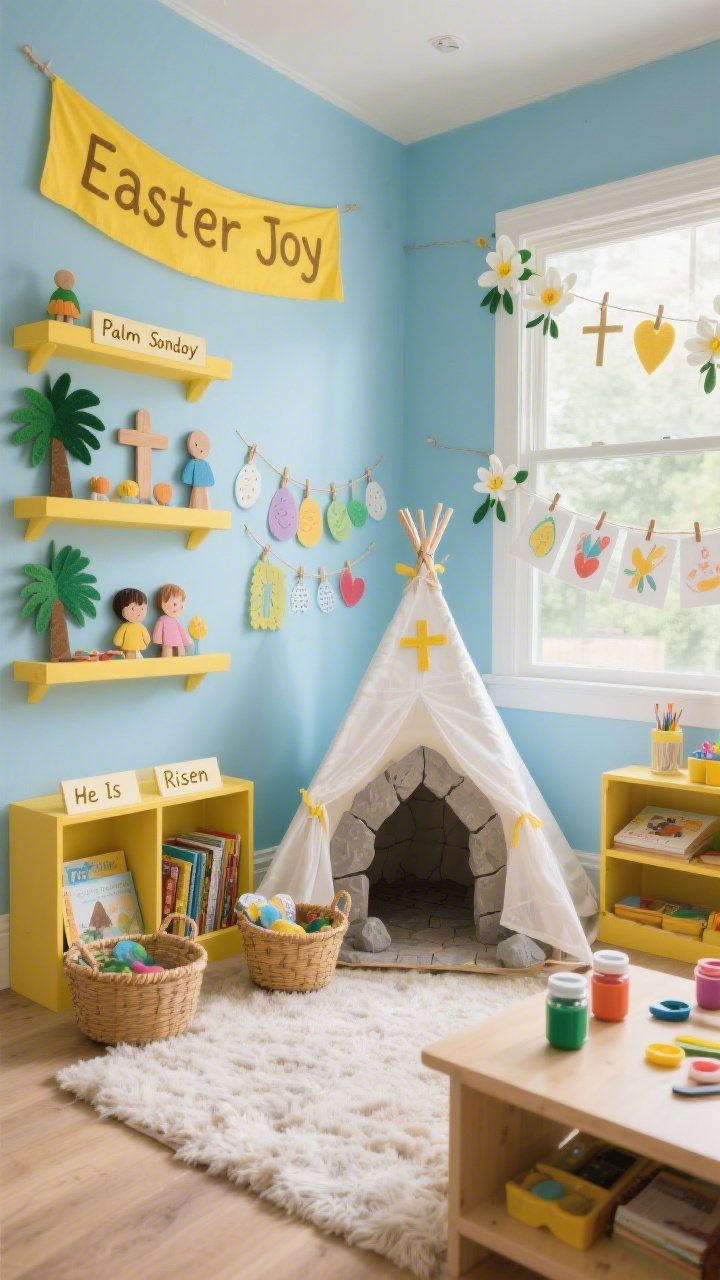 Corner wide shot, Joyful Kids’ Playroom With Storytelling Stations: walls in soft sky blue with sunny yellow accents; three labeled story stations on low shelves—Palm Sunday (felt palm leaves, wooden peg people), The Cross (kid-safe symbolic crafts), The Empty Tomb (paper mache tomb with removable stone); hand-lettered tags for each station; reading nook teepee draped in gauzy white fabric, fluffy rug, baskets of Easter faith books; clothespin gallery on twine displaying kids’ “He Is Risen” artwork; playful felt garland of lilies, crosses, and hearts across the window; low activity table with jars of washable paints; cheerful “Easter Joy” banner; bright, playful, teaching-focused daylight; no people, photorealistic.