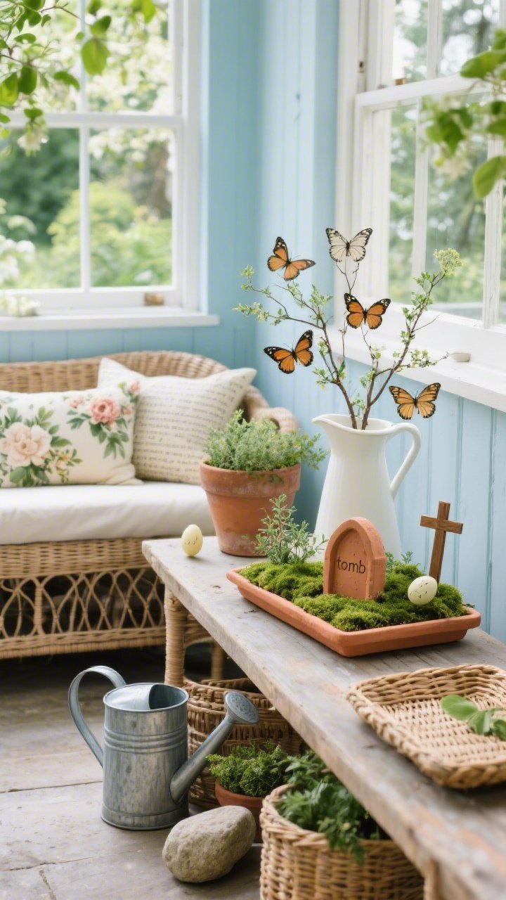 Corner wide shot of a bright garden room: wicker settee piled with floral cushions beside a potting bench styled as an Easter altar. On the bench, a resurrection planter—a low terracotta tray with lush moss, a small clay “tomb,” smooth stone rolled aside, tiny wooden crosses, sprigs of thyme. A white pitcher holding branches clipped with butterflies cut from old hymn pages; galvanized watering cans and rattan trays nearby. Palette of leaf green, moss, clay, and sky blue; crisp natural daylight, fresh and springlike, photorealistic textures of wicker and terracotta.