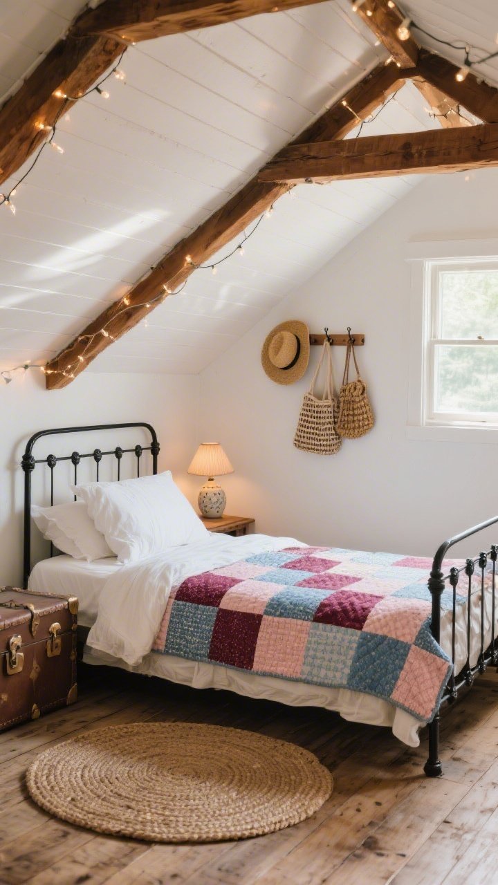 Cozy attic medium-wide shot from low angle for “Storybook Attic”: white slanted ceiling bouncing light, exposed beams stained warm walnut with delicate string lights tucked along them. Simple matte black iron bed centered, dressed with a handmade patchwork quilt in berry, blush, and sky blue, plus crisp white linen shams. Worn pine floorboards softened by a braided oval rug. At the foot, a vintage trunk; wall pegs hold straw hats and woven bags. A tiny ceramic bedside lamp glows warmly. Intimate, nostalgic ambiance; soft afternoon light through a small dormer window.