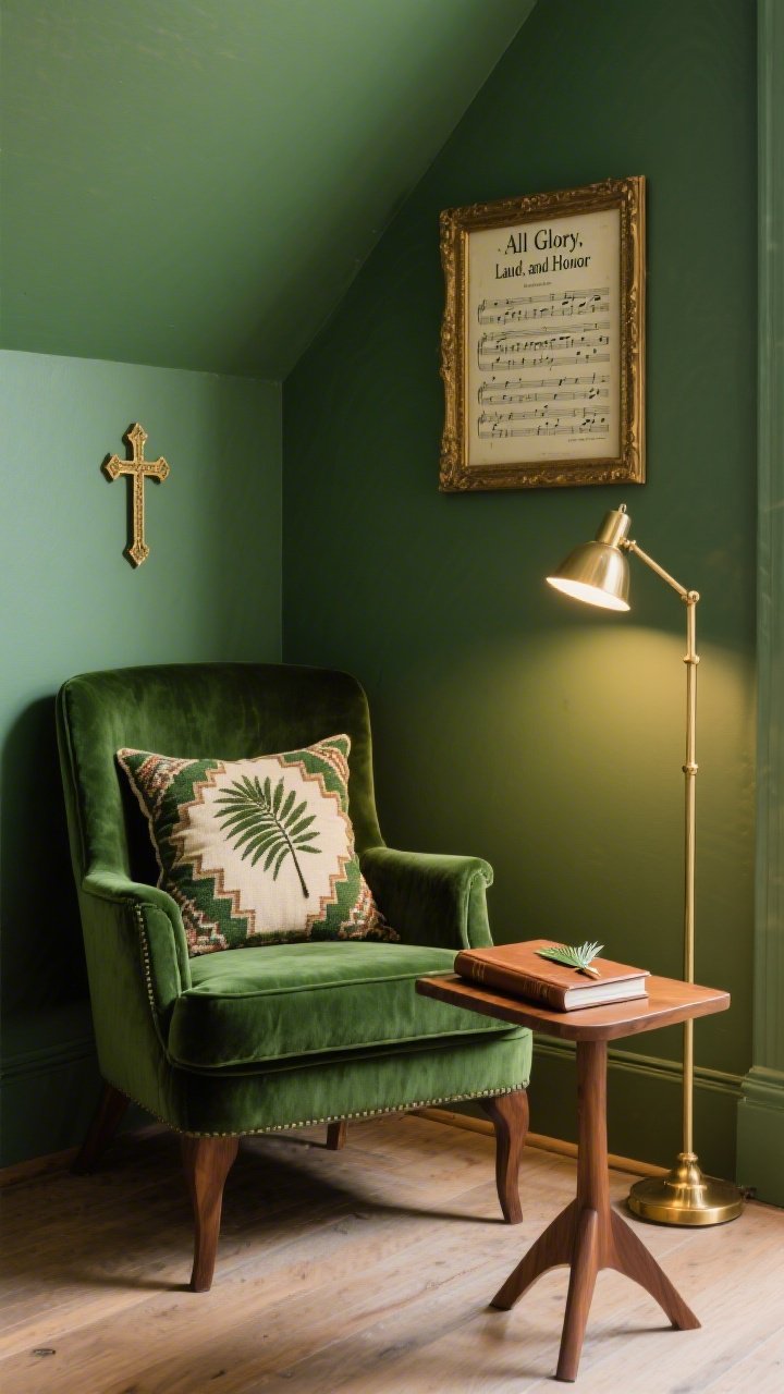 Cozy “choral loft” reading nook detail: medium closeup of a hunter-green velvet armchair beside a petite walnut side table and a polished brass floor lamp; wall behind painted cathedral green for depth; framed sheet music of “All Glory, Laud, and Honor” and a small gilt-framed cross motif on the wall; on the table, a leather-bound hymnal-style notebook with a palm-leaf bookmark peeking out; kilim pillow in moss and cream on the chair; warm focused lighting from the brass lamp; photorealistic, intimate atmosphere, eye-level crop emphasizing textures of velvet and walnut.