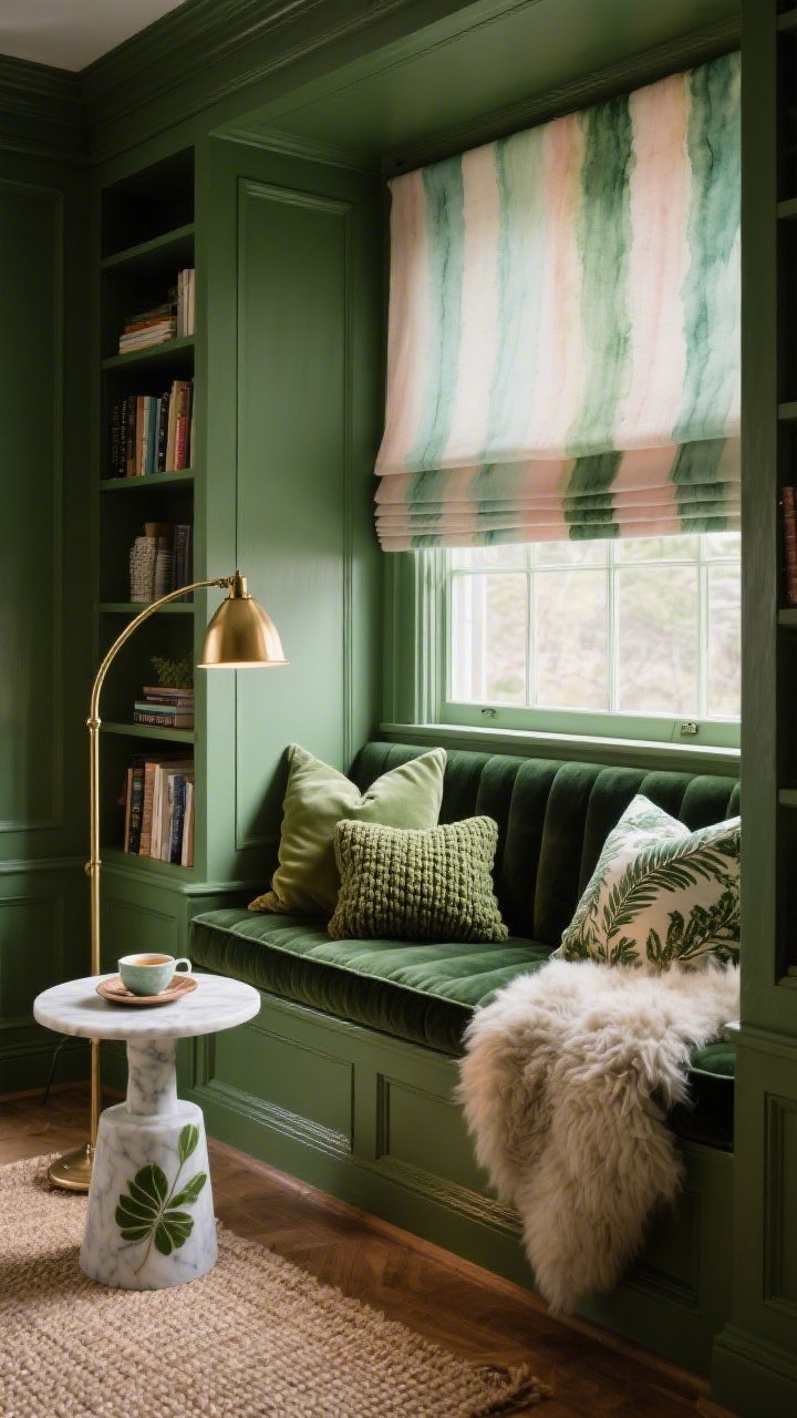 Cozy closeup of a reading nook: built-in bench under a window upholstered in deep ivy velvet; surrounding panel molding painted in a gradient wash—pine at base, laurel mid-height, pale rosemary up top; layered pillows in chunky knit sage, satin olive, and fern-patterned jacquard; brass swing-arm lamp arcing warm light over the seat; small marble-topped side table with tea and a leafy ceramic coaster; Roman shade with watercolor ombré stripes from mint to moss; bookshelves painted the darkest green; plush sheepskin layered over flatweave jute on floor; intimate, jewel-box warmth, photorealistic