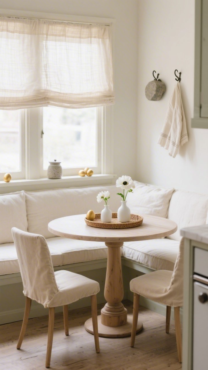 Cozy kitchen nook, corner angle medium shot: built-in bench with cream cushions wrapping a small round light-wood pedestal table, two armless beige slipcovered chairs opposite. Centered rattan tray holds mini white vases, each with a single bloom—white anemone or sweet pea—interspersed with a few soft gold-dipped eggs. Sheer flax Roman shade softens daylight; subtle details include a stone salt cellar and cream linen tea towels on wall hooks. Fresh, unfussy mood; photorealistic.