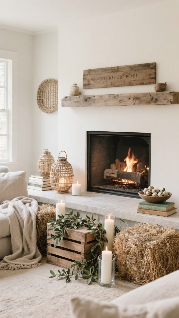 Cozy living room hearth scene, wide room shot from a slight corner angle: fireplace hearth lined with low wooden crates, half hay bales tucked at both ends to frame the composition; neutral linen throws casually layered over the hay; soft trailing ivy and olive branches woven through the crates; white pillar candles in glass hurricanes glowing on and around the hearth; a simple reclaimed-wood sign centered above the mantel; accents of woven lanterns, a small stack of linen-covered books, and a shallow bowl of faux quail eggs; color palette cream, taupe, driftwood, dusty green; warm ambient firelight plus soft daylight for a calm, inviting mood.