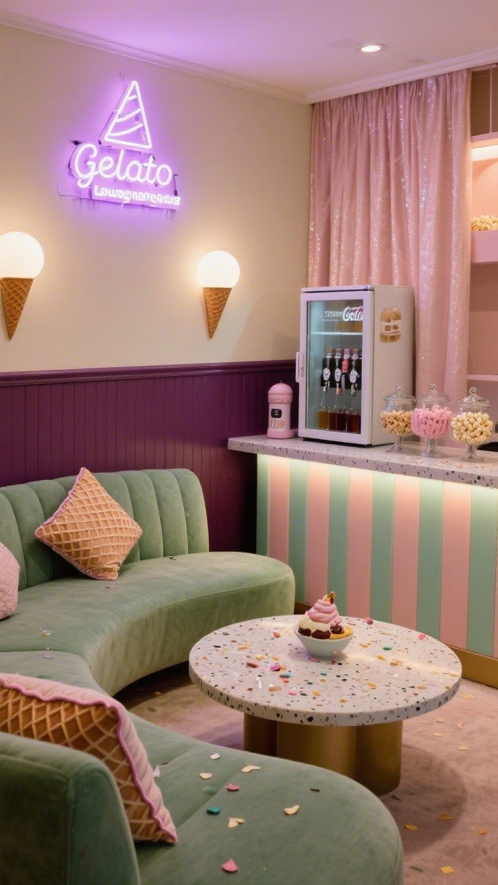 Cozy medium-wide corner angle of a Gelato Lounge Media Den in low light: deep grape sorbet half-height wainscot with creamy vanilla walls above, pistachio microfiber sectional curving around a terrazzo coffee table sprinkled with confetti chips, opposite a floating media console with striped gelato-bar facade in melon and mint, compact dessert-and-soda station at the back with glass-front fridge, syrup pumps, apothecary jars of pastel popcorn, neon cone sign glowing soft lilac above, waffle-cone textured throw pillows with sorbet piping, sheer blush curtains with subtle shimmer, dome sconces like upside-down scoops providing warm ambient glow, photorealistic