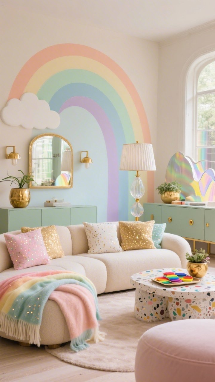 Cozy medium-wide shot, “Chill Lounge With Pastel Rainbow And Gold Speckle”: modular cloud sofa in pale oatmeal draped with pastel rainbow throws; speckled velvet cushions that flash like tiny glitter flakes; a playful arch mural in sorbet tones—peach, mint, sky, lilac—framed by brass picture lights; chunky terrazzo coffee table with confetti colors tying the palette together; floor lamp with fluted glass shade and brass base; low pale sage credenza with gold knob pulls; wavy-edge mirror catching rainbow window prisms; gold ceramic planters and a tray of rainbow coasters; photorealistic, soft afternoon light, laid-back luxurious vibe.