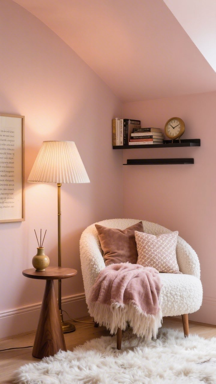 Cozy reading nook medium-close shot: nook walls and ceiling in enveloping blush; curved ivory boucle chair beside a walnut side table; shaggy ivory rug underfoot; floor lamp with pleated shade casting warm, intimate light; layered textiles including a mohair throw and mixed pillows—blush velvet, taupe suede, and a subtle patterned cushion; slim black wall shelf holding a small rotating stack of books; finishing touches: ceramic incense holder, tiny brass clock, framed poetry print. Photorealistic, intimate corner angle, unplugged mood.