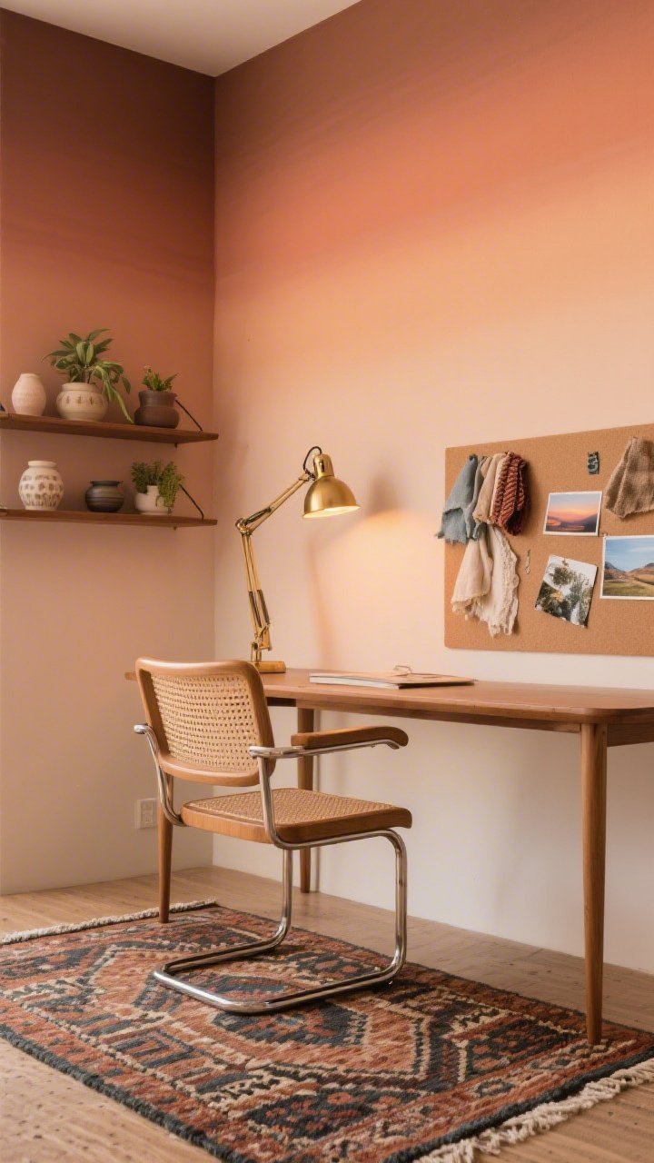Desk-side medium shot: Sunset Studio workspace featuring a slim mid-century desk against a soft clay gradient ombré wall shifting from peach to sienna, a rattan task chair, floating shelves styled with ceramics and small plants, a patterned dhurrie rug underfoot, a linen mood board pinned with fabric scraps and travel photos, and an articulating brass lamp with a warm bulb; creative, warm atmosphere.