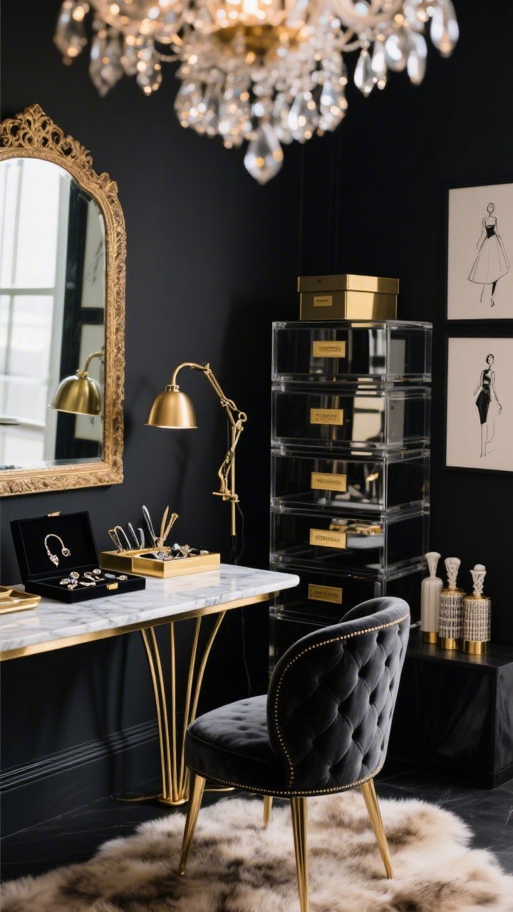Detail closeup: A luxe glam atelier vignette featuring a marble-topped table with gold hairpin legs and the edge of a deep ink-black wall; a tufted velvet chair in frame; mirrored storage tower reflections, acrylic drawer units with gold label plates, and lacquered boxes stacked elegantly; velvet-lined trays displaying jewelry-making tools under a brass swing-arm sconce, with sparkle from a crystal chandelier bokeh above; a large ornate mirror leaning against the wall, hints of a gallery wall with fashion sketches; black-and-gold washi dispensers and a plush faux fur rug texture at the bottom; dramatic, high-fashion studio mood, photorealistic.