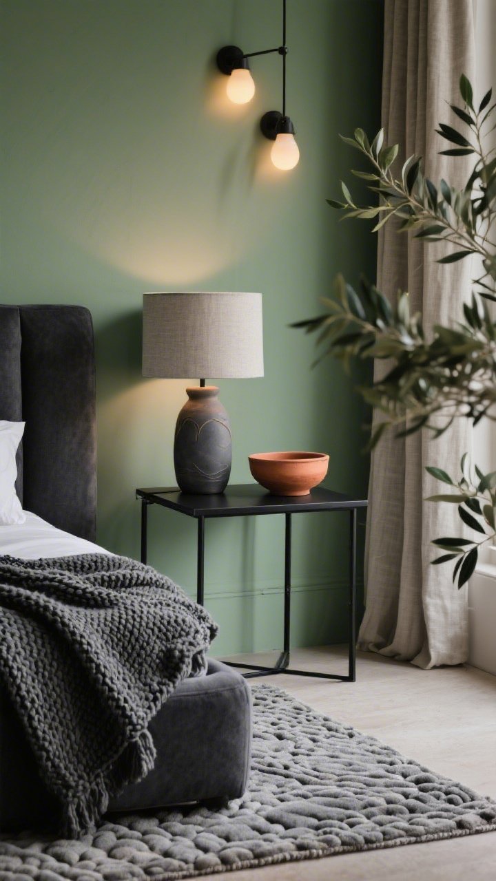 Detail closeup: A tactile arrangement on a bedside table in a sage green–walled bedroom—blackened metal side table holding a ceramic table lamp and a small terracotta clay bowl; foreground shows the edge of an upholstered charcoal bed with a chunky knit throw cascading over the side; linen curtains in light stone filter warm evening bulbs in the background; a subtle organic-pattern hand-tufted rug beneath; a potted olive tree leaf softly out of focus to one side; finishes of blackened iron, terracotta, and matte charcoal emphasized; serene, nature-forward mood, photorealistic.