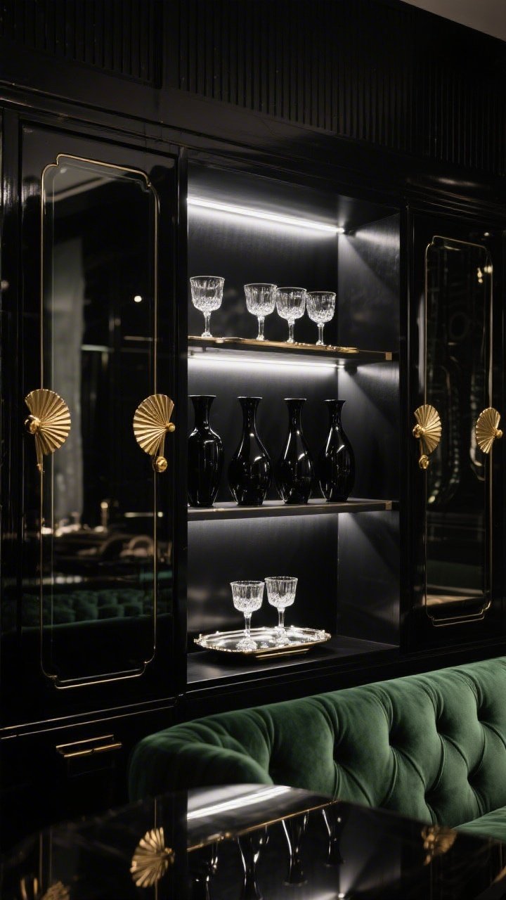 Detail closeup, Art Deco noir drama: focus on a lacquered ebony parlor cabinet with smoked glass doors and fan-shaped brass pulls; interior shelves arranged in perfect symmetry—crystal coupe glasses, mirrored trays, a line of jet-black vases—subtly lit with uplighting for sparkle; background hints of ink-black walls and a channel-tufted emerald velvet sofa edge; reflections catch brass and mirror-silver highlights; moody, glamorous nighttime lighting, shallow depth of field, photorealistic.