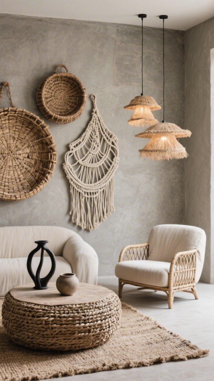 Detail closeup, Artisanal Neutrals With Woven Drama: focus on oversized woven wall art (massive baskets and macramé arcs) against stone-gray walls, with a layered jute-over-wool rug visible at the bottom edge; nearby chunky woven coffee table surface with raw ceramics in matte finishes and a hint of matte black iron object for tension; glimpse of curved slipcovered sofa and cane-back armchair in flax, sand, taupe, and bone hues; double pendants in layered raffia softly glowing; tactile textures emphasized, gallery-like yet cozy mood, photorealistic macro texture rendering.