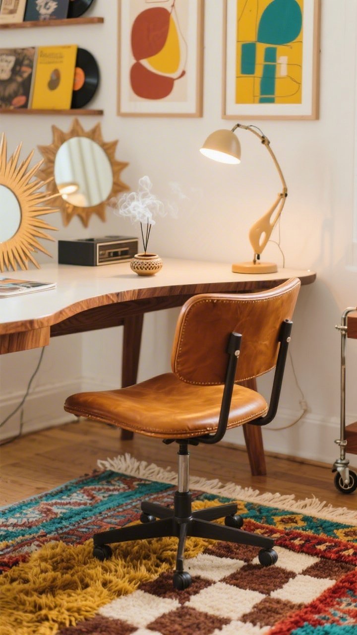 Detail closeup at desk corner, Retro Boho Studio Vibes: curved walnut desk set diagonally, edge of a cognac leather swivel chair; layered textures of a shaggy Moroccan rug with a checkerboard accent mat beneath the chair; partial sunburst mirror glint and a gallery of abstract prints in mustard, rust, and teal blurred in background; ceramic incense burner with gentle smoke, neatly framed record sleeves along the wall, and a small rolling cart wheel peeking into frame; mushroom table lamp glow and sculptural arc floor lamp bokeh; palette mustard, rust, teal, walnut, cream; playful, 70s-inflected creativity; no people, photorealistic.