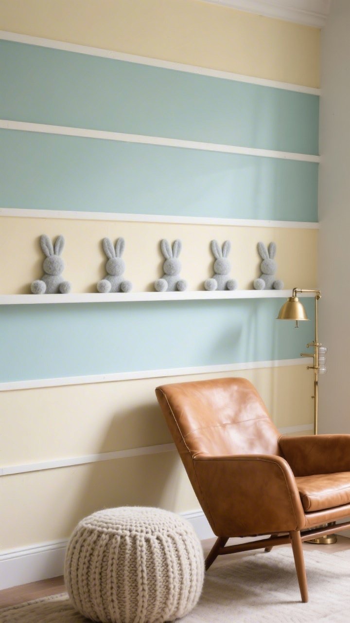 Detail closeup at eye level of the reading den wall: horizontally stacked soft pastel panels—buttercream below, robin’s egg above—separated by thin white trim. Just below the top rail, a row of petite pale-gray bunny cutouts with felted wool ball tails, emphasizing tactile texture. In soft focus behind: a caramel leather lounge chair, knit pouf, and brass pharmacy lamp. Gentle afternoon light raking across surfaces to highlight textures; cozy and intimate, photorealistic.