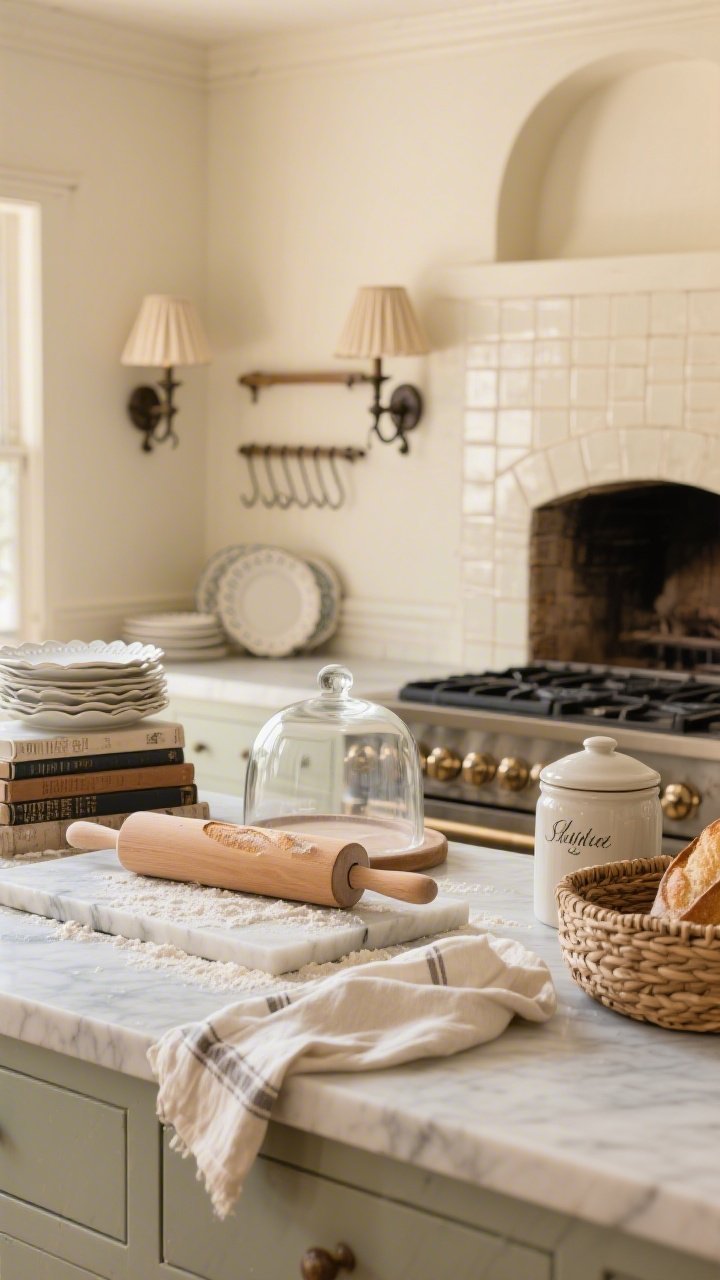 Detail/closeup baking-day vignette: marble pastry slab on an island dusted with flour, wooden rolling pin and linen tea towels draped casually; background bokeh of limewashed warm-cream walls and hand-pressed cream square tiled hearth surround hugging a cast-iron range with soapstone countertop; long plate rack showing scalloped dishes; stack of weathered cookbooks under a glass cloche with a single baguette; woven bread baskets and ceramic canisters labeled in script; palette cream, charcoal, toasted almond, natural linen; warm, cozy light from twin iron sconces with pleated linen shades; shallow depth of field, photorealistic.