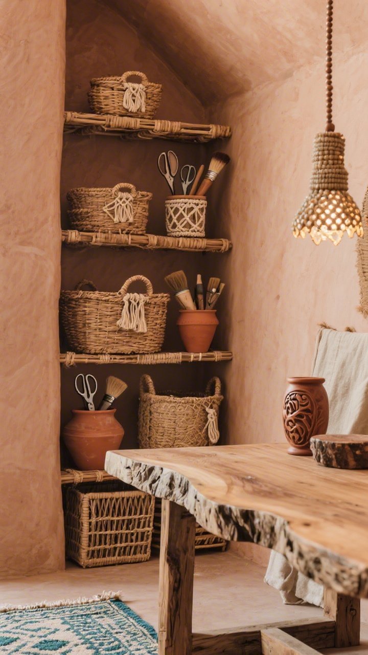 Detail/closeup, Boho Breezy Craft Alcove: clay-toned wall with open rattan shelves holding textured baskets, macramé tool holders with scissors and brushes, terracotta pots, a carved mango wood desk edge with live-edge vibe in frame, kilim runner pattern peeking at the bottom edge, beaded pendant casting dappled light; materials focus on rattan, jute, carved wood, linen; warm earthy tones with sage and indigo accents, intimate angled closeup.