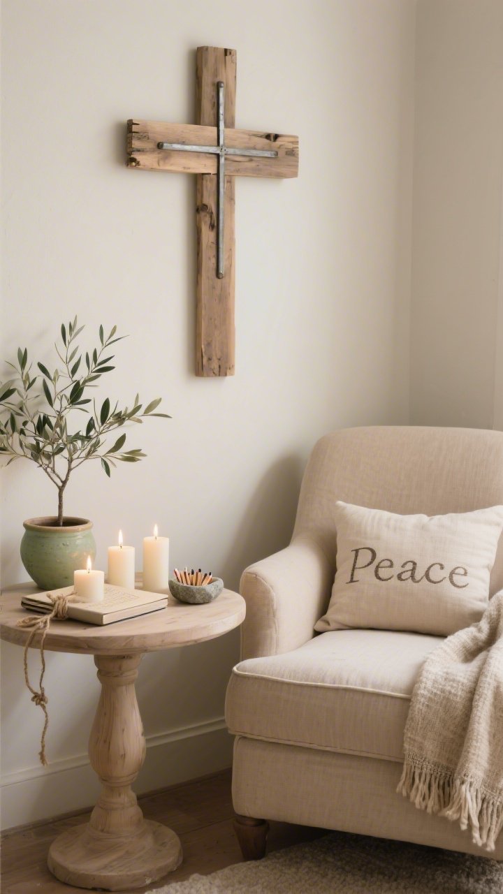 Detail closeup, Candlelit Prayer Nook In Neutrals: cozy armchair in mushroom beige beside a small light-oak round pedestal table; on the wall, a DIY wood-and-metal cross with raw edge and soft satin finish; tabletop ceramic tray with staggered cream and sand pillar candles, a small stone dish of matches; textiles include a nubby throw and a flax linen lumbar pillow embroidered “Peace”; a hand-bound booklet of Lenten readings on a small stand tied with twine; nearby a lime-washed clay pot holding an olive tree/eucalyptus; low, candlelit ambiance with soft shadows, intimate and serene; no people, photorealistic.