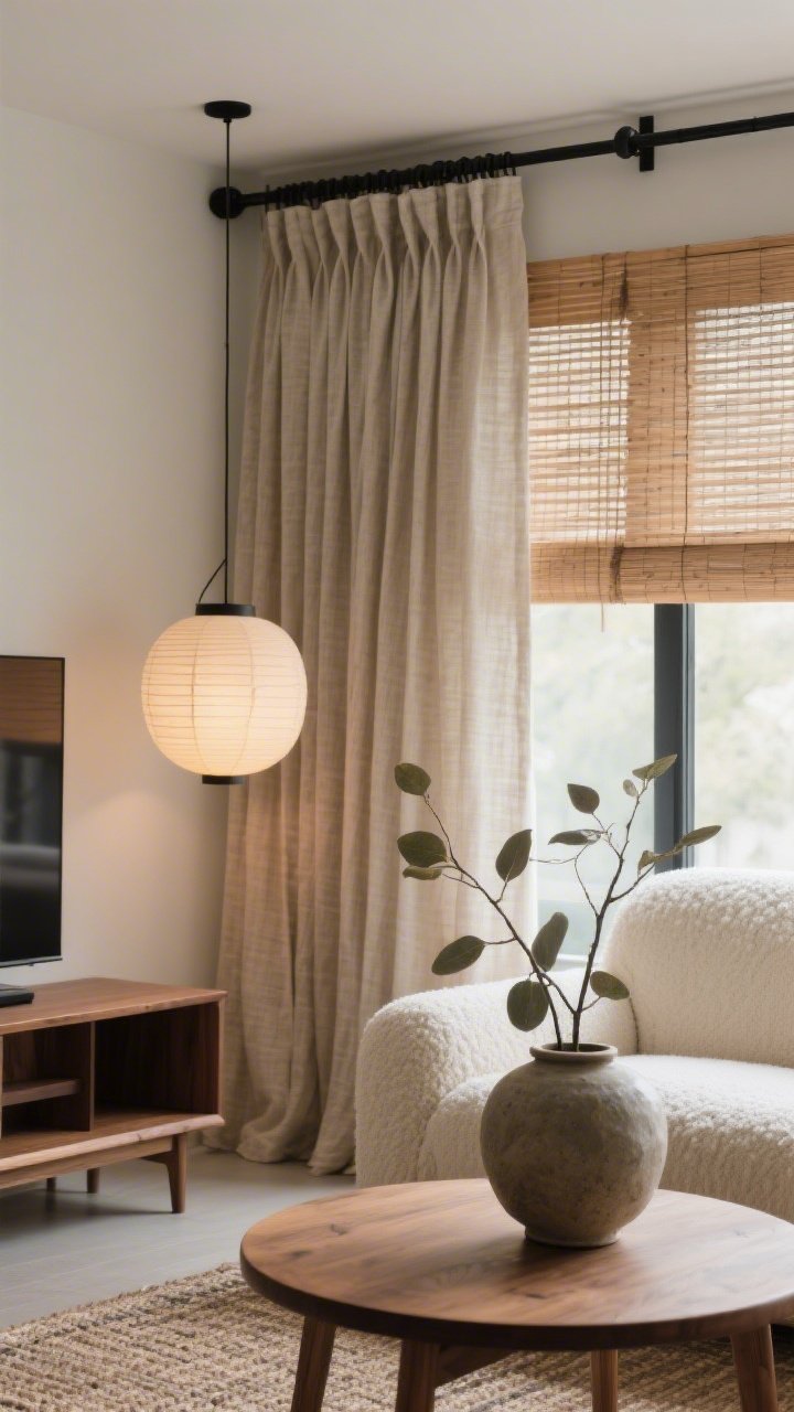 Detail closeup capturing Japandi serenity: natural flax drapes in relaxed pleats layered over bamboo woven shades, shot at window height to highlight organic textures and warm tones (oatmeal, clay, soft charcoal). Matte black curtain rod with minimal brackets and no finials. In the softly blurred background, hints of a cream boucle sofa, low walnut media console, and a flat-weave rug. Foreground styling includes a stoneware vase with leafy branches on a round oak coffee table; a paper lantern pendant glow softly illuminating the materials. Calm, diffused daylight filtering through shades, photorealistic.